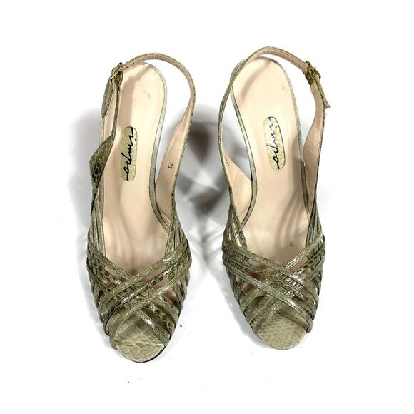 Vintage Impo Olive Snake Skin Strappy Peep Toe Ankle Strap High Heels - Picture 1 of 12